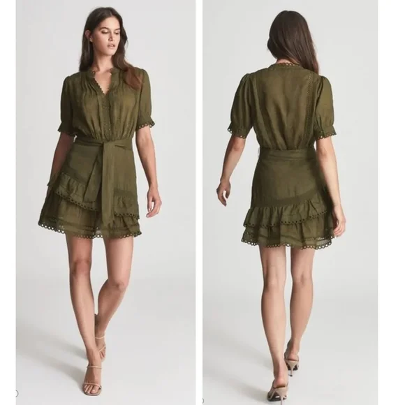 Reiss | Dresses | Reiss Paulina Embroidered Mini Dress Khaki Ruffle Lace  Eyelets Open Work Boho | Poshmark